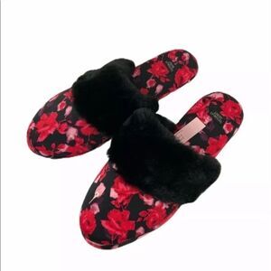 Victoria Secret Slippers Satin Red Black Floral